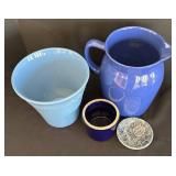 LR - Gaetano Blue Glazed Pitcher with Light Blue Planter, Dark Blue Crock & Floral Plate