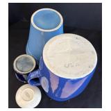 LR - Gaetano Blue Glazed Pitcher with Light Blue Planter, Dark Blue Crock & Floral Plate