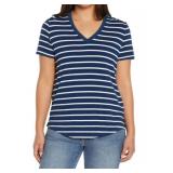 GAP Striped V-Neck Blue T-Shirt - Women