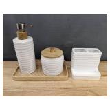 White Ceramic Bathroom Accessory Set - Lotion Dispenser, Jar with Lid, Toothbrush Holder - Brand New