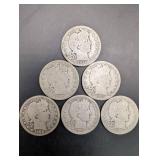 Barber Quarter Dollar Coins (Lot of 6) - 1903-1916 US 25c Circulated