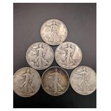 Walking Liberty Half Dollars - 1934 to 1945 - Group of 6 Coins