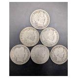 Barber Quarter Dollar Coins - Mixed Dates (1903, 1906, 1907, 1908, 1914) - 7 Coins