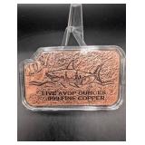 Five AVDP Ounces .999 Fine Copper Bar - Shark & Ship Design