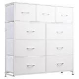 WLIVE 9-Drawer Dresser, Fabric Storage Tower, Tall Chest Organizer Unit with Fabric Bins, Steel Frame, Wood Top, Easy Pull Handle, White