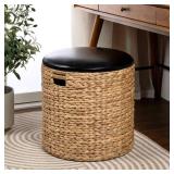 happimess Josie 18 in. Natural/Black Modern Coastal Hand-Woven Faux Leather Hyacinth Storage Ottoman with Lid