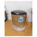 happimess Josie 18 in. Natural/Black Modern Coastal Hand-Woven Faux Leather Hyacinth Storage Ottoman with Lid