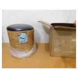 happimess Josie 18 in. Natural/Black Modern Coastal Hand-Woven Faux Leather Hyacinth Storage Ottoman with Lid