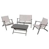 ^Four Seasons Courtyard Novara 4 Piece Steel Folding Outdoor Conversation Set with 2 Folding Chairs, 1 Loveseat, and 1 Table, Tan/Espresso Msrp $340.24