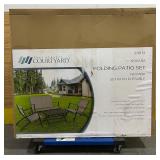 ^Four Seasons Courtyard Novara 4 Piece Steel Folding Outdoor Conversation Set with 2 Folding Chairs, 1 Loveseat, and 1 Table, Tan/Espresso Msrp $340.24