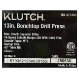 *Klutch 13in. Benchtop Drill Press, 3/4 HP, 120 Volts, 5/8in. Chuck w/1in. Drilling Capacity, 45  Table Tilt #5793521 Msrp $279.99