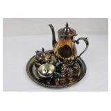 International Silver Co. Silver Plate Tea Set on Beaded Tray with 4 Salt & Pepper Shakers (Tested as .800 Sterling Silver)