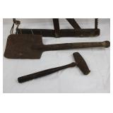 Antique Frame Saw with Shovel & Mallet - 3-Piece Woodworking Tool Set