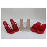 SheIn Red Strappy Glitter Sandals & Clear-Strap High-Heel Mules & Quilted Platform Slides (Lot of 3)
