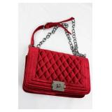 Velvet Quilted Crossbody Bag - Red with Gunmetal Chain