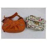 2 Handbags - Orange Leather Satchel with Studs & Floral Print Shoulder Bag