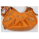 2 Handbags - Orange Leather Satchel with Studs & Floral Print Shoulder Bag