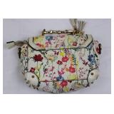 2 Handbags - Orange Leather Satchel with Studs & Floral Print Shoulder Bag