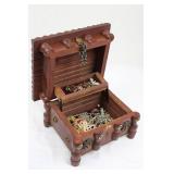 Hand-Carved Wooden Jewelry Box with Mixed Jewelry - Rings, Pearls