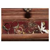Hand-Carved Wooden Jewelry Box with Mixed Jewelry - Rings, Pearls