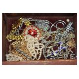 Hand-Carved Wooden Jewelry Box with Mixed Jewelry - Rings, Pearls