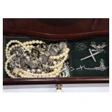 Dark Wood Oval Mirror Vanity with Jewelry Drawer