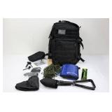Black MOLLE Tactical Backpack with American Flag Patch and First Aid Essentials Kit