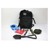 Black Tactical Backpack with MOLLE - 2L Hydration Bladder, First Aid Kit, Poncho & Survival Gear