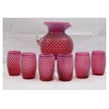 Fenton Cranberry Opalescent Hobnail Pitcher with 6 Tumblers