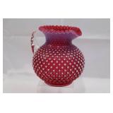 Fenton Cranberry Opalescent Hobnail Pitcher with 6 Tumblers