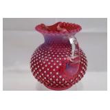 Fenton Cranberry Opalescent Hobnail Pitcher with 6 Tumblers
