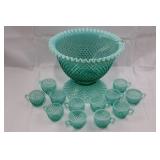 RARE Fenton Vintage Teal Opalescent Hobnail Punch Bowl Set