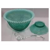 RARE Fenton Vintage Teal Opalescent Hobnail Punch Bowl Set