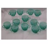RARE Fenton Vintage Teal Opalescent Hobnail Punch Bowl Set