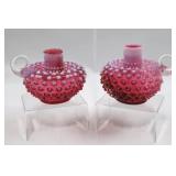 Fenton Cranberry Opalescent Hobnail Taper Candle Holder Set