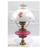 Fenton Opalescent Cranberry Swirl Table Lamp - Hand-Painted Rose Shade & Marble Base