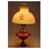 Fenton Opalescent Cranberry Swirl Table Lamp - Hand-Painted Rose Shade & Marble Base
