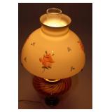 Fenton Opalescent Cranberry Swirl Table Lamp - Hand-Painted Rose Shade & Marble Base