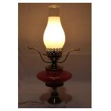 Fenton Opalescent Cranberry Swirl Table Lamp - Hand-Painted Rose Shade & Marble Base