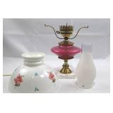 Fenton Opalescent Cranberry Swirl Table Lamp - Hand-Painted Rose Shade & Marble Base