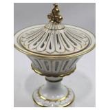 Italian Porcelain Lidded Candy Dish - Centerpiece Bowl Gold Accents