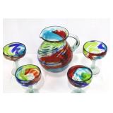 Hand-Blown Margarita Barware Set - 1 Pitcher & 4 Glasses, Colorful Swirl Art Glass