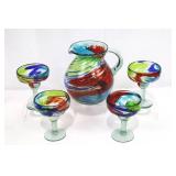 Hand-Blown Margarita Barware Set - 1 Pitcher & 4 Glasses, Colorful Swirl Art Glass