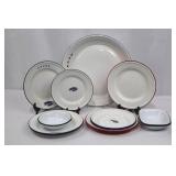 Enameled Metal Americana Plates, Bowls, and Platter - Blue & Red Trim