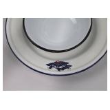 Enameled Metal Americana Plates, Bowls, and Platter - Blue & Red Trim