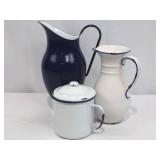 Enamelware Pitcher Set - Blue 9 in Tall, White 9.5 in Tall, White Lidded Sugar Jar 6 in