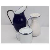 Enamelware Pitcher Set - Blue 9 in Tall, White 9.5 in Tall, White Lidded Sugar Jar 6 in