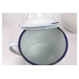 Enamelware Pitcher Set - Blue 9 in Tall, White 9.5 in Tall, White Lidded Sugar Jar 6 in