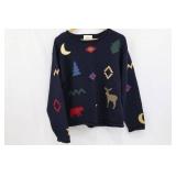 Christopher & Banks Navy Knit Cardigan - Geometric & Woodland Motifs, Size L, Ramie/Cotton