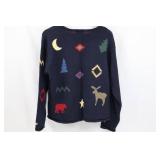 Christopher & Banks Navy Knit Cardigan - Geometric & Woodland Motifs, Size L, Ramie/Cotton